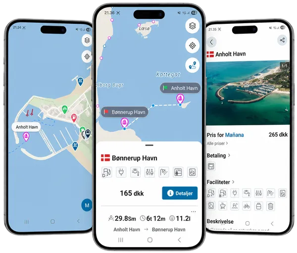 Sejlerkortet vist på tre telefoner: havnekort, havnedetaljer med pris og luftfoto af havn.